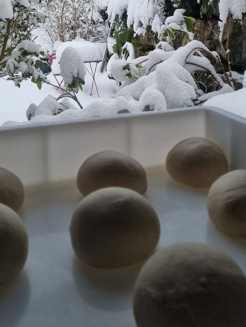 Pâtons de pizza devant un paysage enneigé du Haut-Doubs